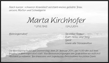 Traueranzeige von Marta Kirchhofer von Pegnitz-Zeitung
